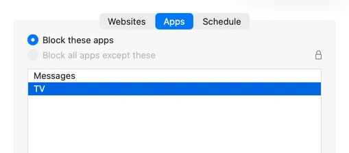 Parental Control screenshot: Block Apps tab
